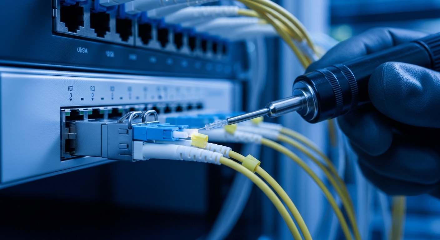 Photorealistic close-up of a QSFP-DD 400G transceiver inserted into a high-density spine-leaf switch port, showing the LC con