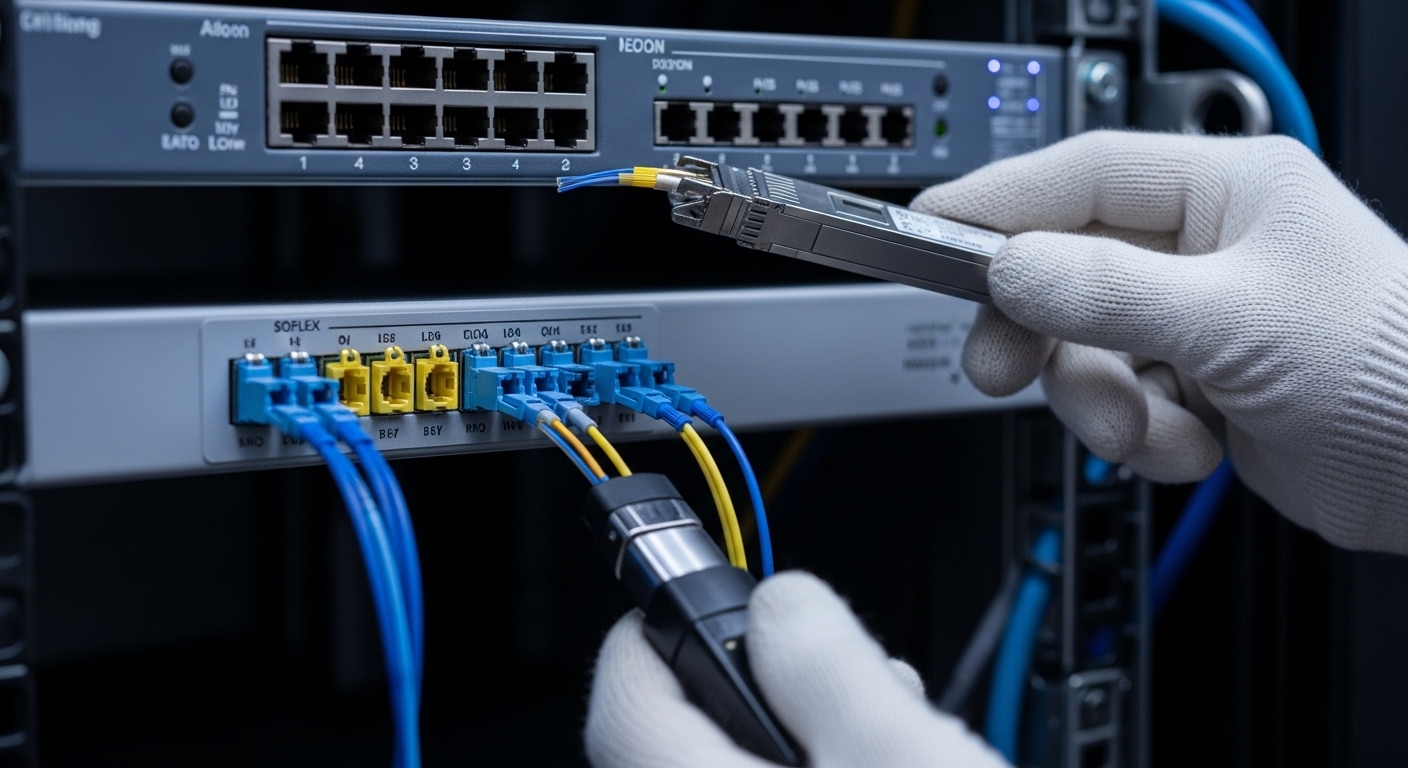Photorealistic close-up of a server rack interior, showing a patch panel with LC duplex connectors being inspected with a fib