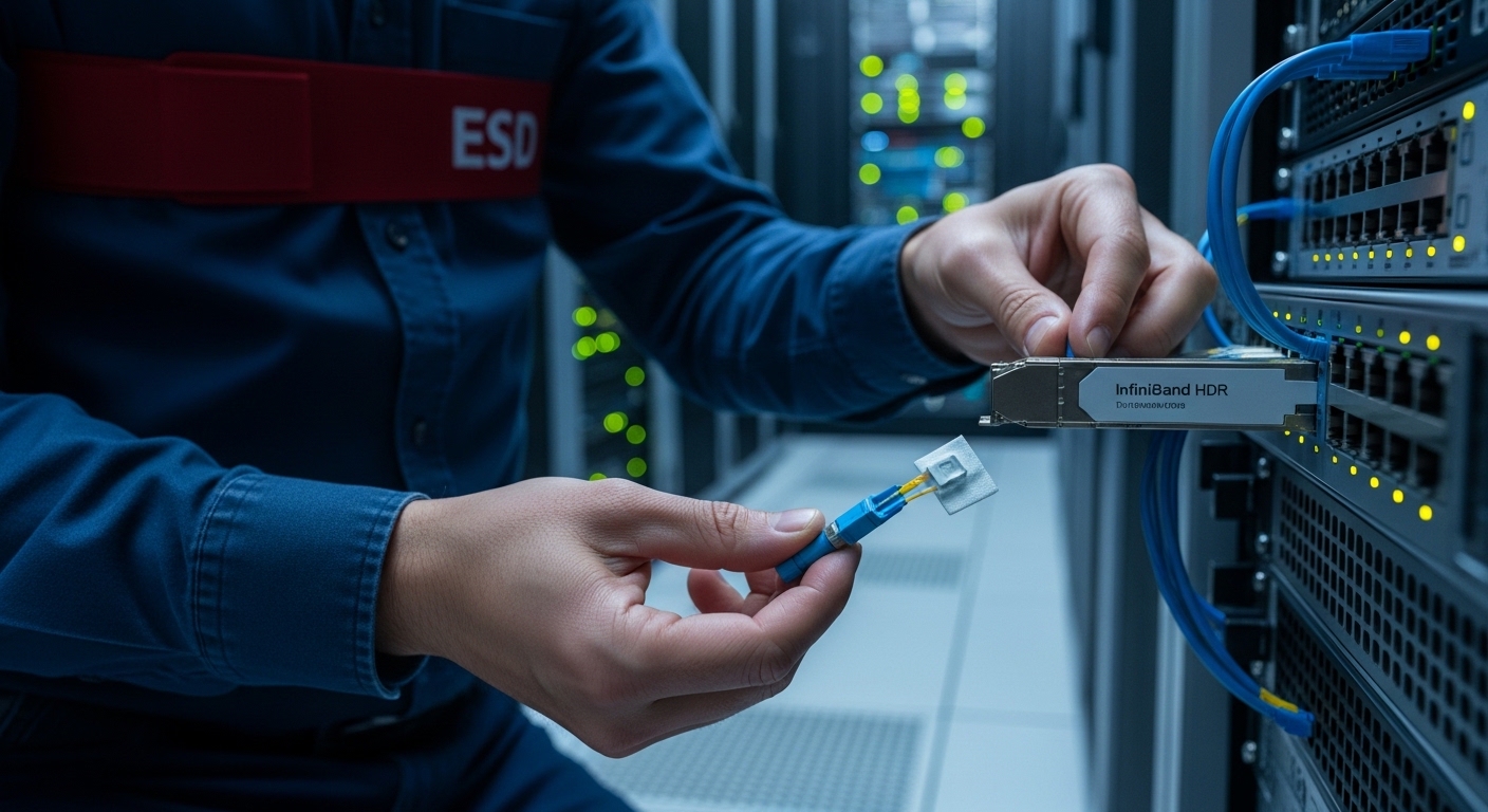 Industrial lifestyle scene of a network engineer in a server room installing an InfiniBand HDR transceiver into a high-densit