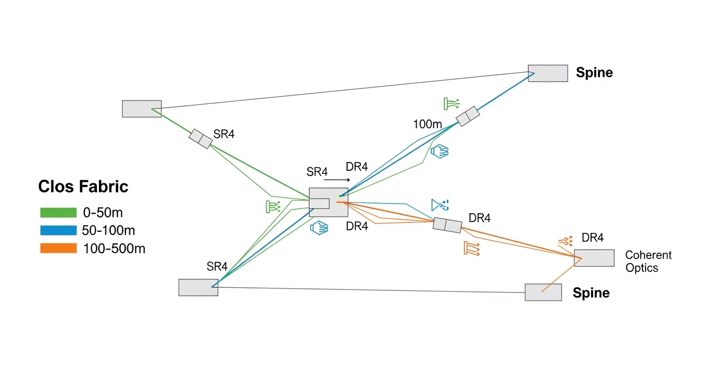 Minimalist vector illustration showing a Clos fabric diagram (leaf-spine nodes) with colored fiber links labeled by distance 