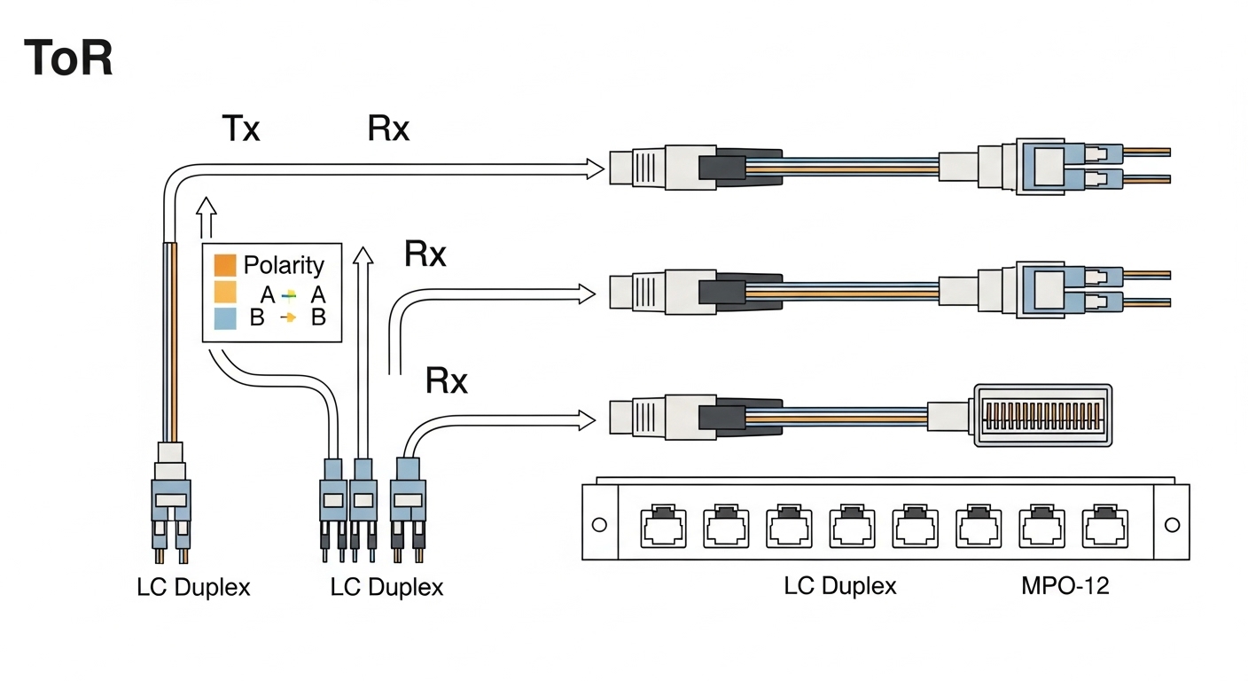 Clean technical illustration of fiber polarity and connector mapping for a ToR patch panel: three LC duplex links and one MPO