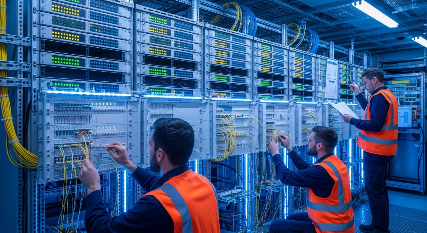 Wide-angle industrial photography of a fiber network room: rack-mounted DWDM mux/demux chassis with status LEDs, technicians 