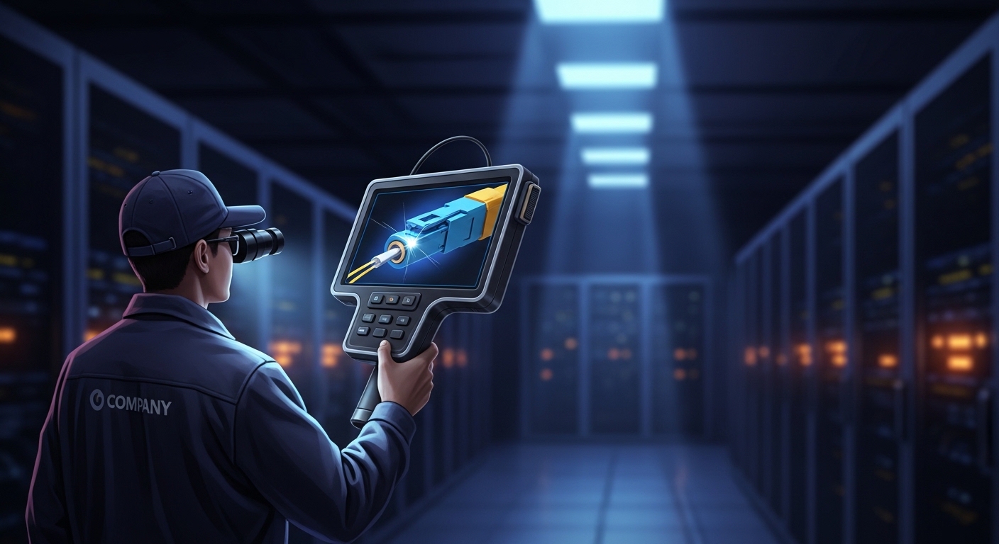 Concept art scene of a technician in a server room using a handheld fiber inspection microscope, with dramatic lighting and e