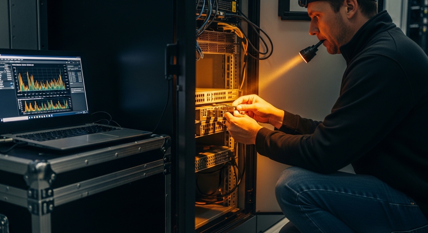 Lifestyle-documentary scene of a field engineer in a cold aisle, kneeling beside an open rack; a laptop shows network telemet