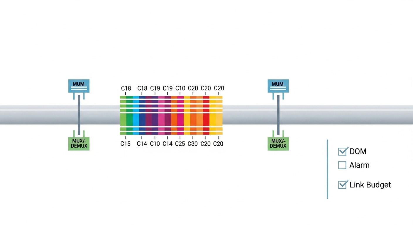 Clean vector illustration showing a DWDM wavelength grid over a single fiber strand: multiple colored wavelength lanes labele