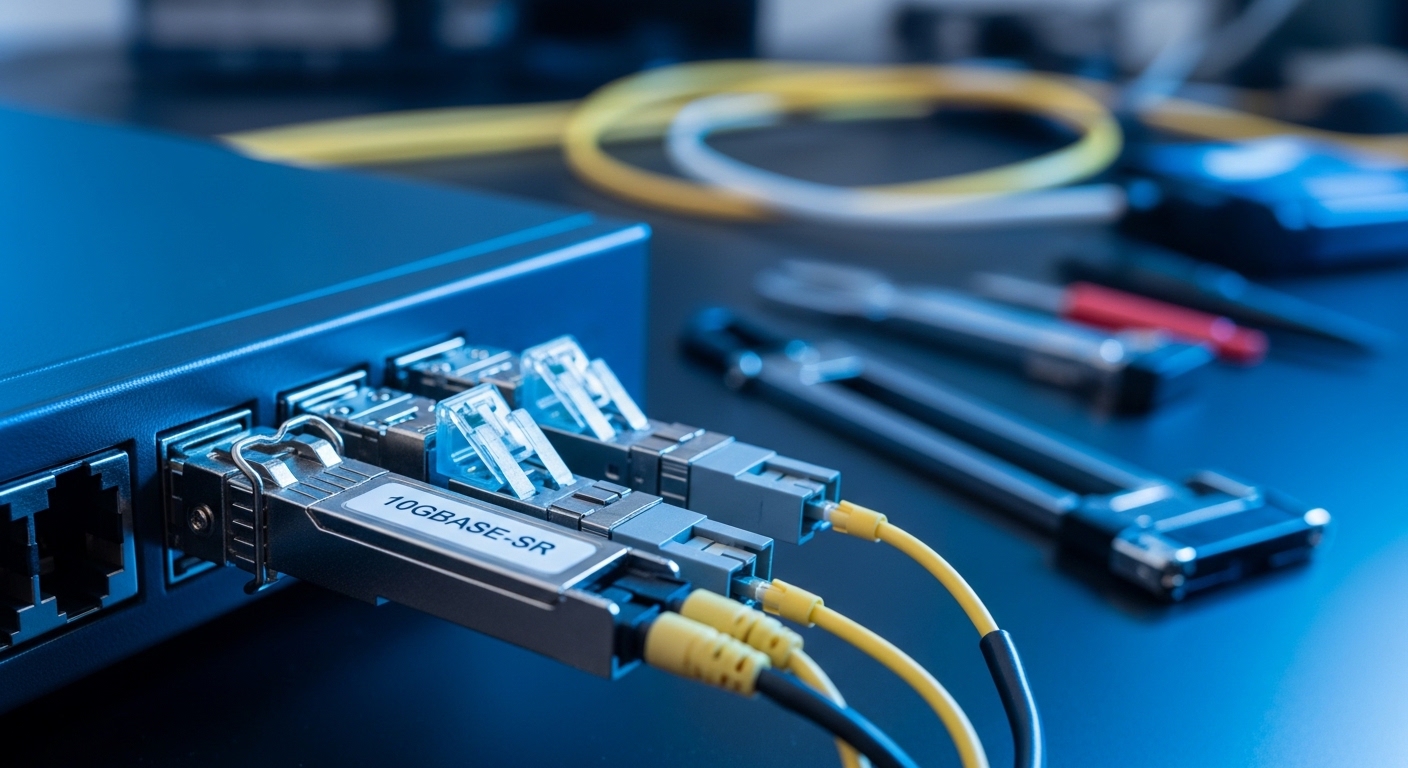 A high-resolution close-up photography of an enterprise router transceiver cage with a 10GBASE-SR SFP+ module seated, LC dupl