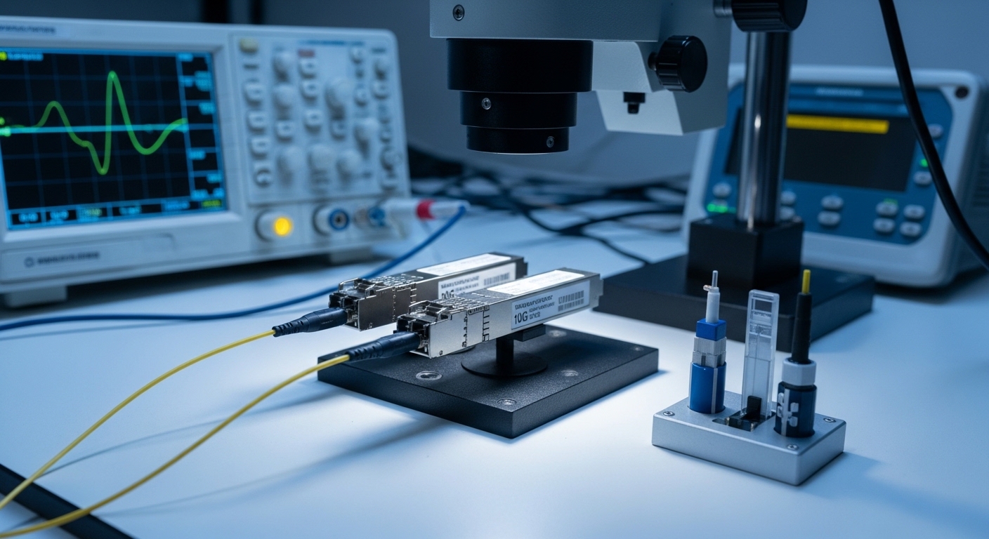 High-resolution photography of an optical transceiver test bench: two pluggable 10G transceivers under a bench microscope, fi