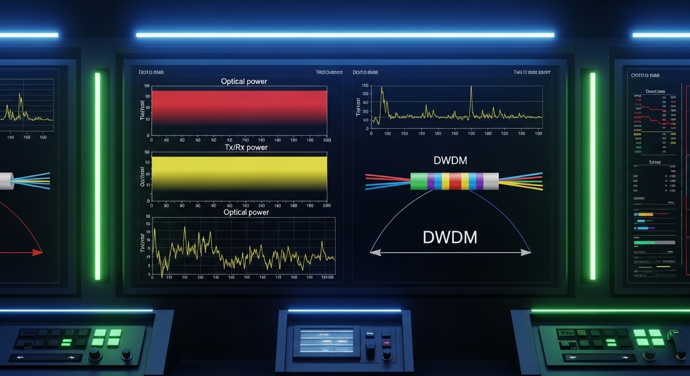 Concept art scene of a command center monitor wall: graph lines for Tx/Rx optical power trending downward, red/yellow alert b