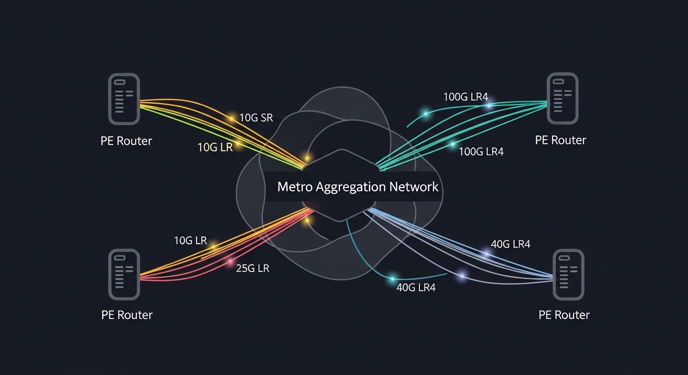 Concept art illustration showing a simplified WAN network diagram: PE routers at the edges connected through metro aggregatio