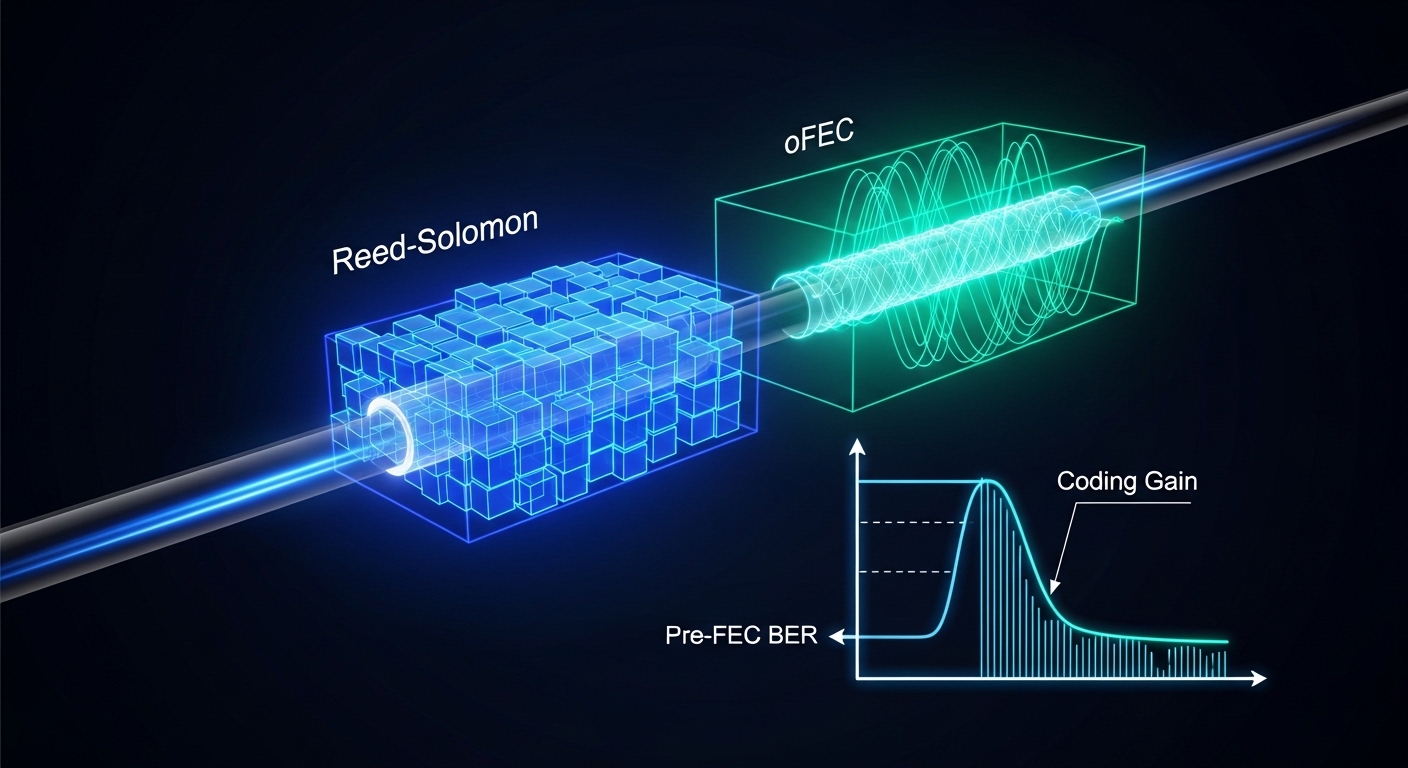 Concept art illustration of two translucent “error correction” layers overlaying a fiber link: one layer labeled Reed-Solomon