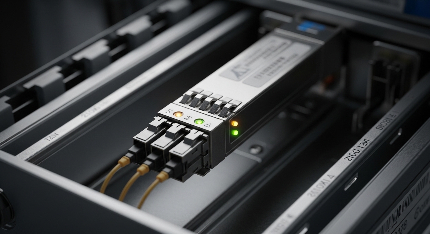 Close-up photography of a pluggable coherent transceiver installed in a 1U optical transport chassis, LC fiber connectors vis