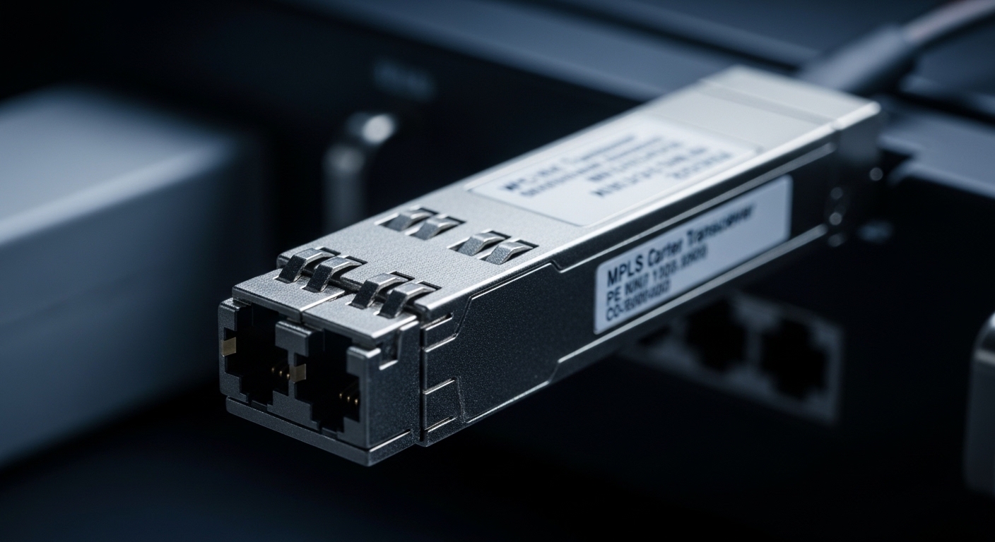 Cinematic editorial photograph of PE router transceiver, WAN Optical Transceivers: MPLS and Carrier Ethernet Deployments, dra