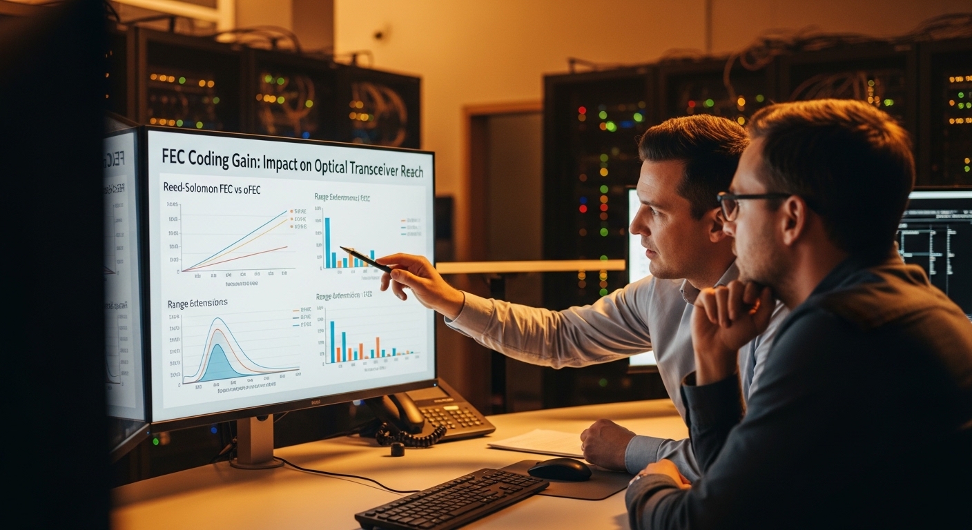 Lifestyle scene featuring FEC coding gain, Reed-Solomon FEC vs oFEC: Impact on Optical Transceiver Reach, warm ambient light,