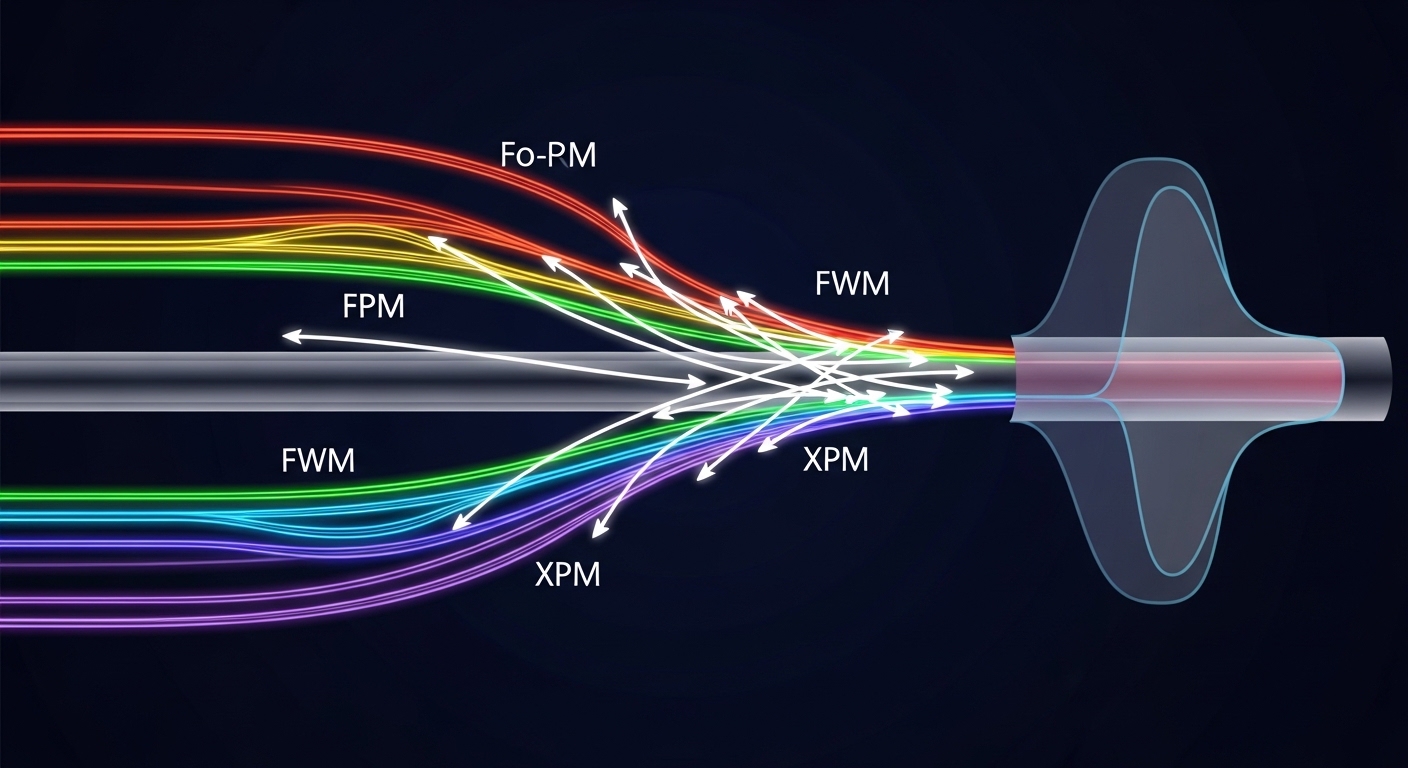 Illustration style concept art showing a fiber link with multiple colored WDM channels converging into a single strand, arrow