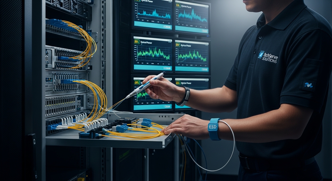 Lifestyle scene of a field engineer in a server room wearing ESD wrist strap, holding a fiber optic cleaning tool next to an 