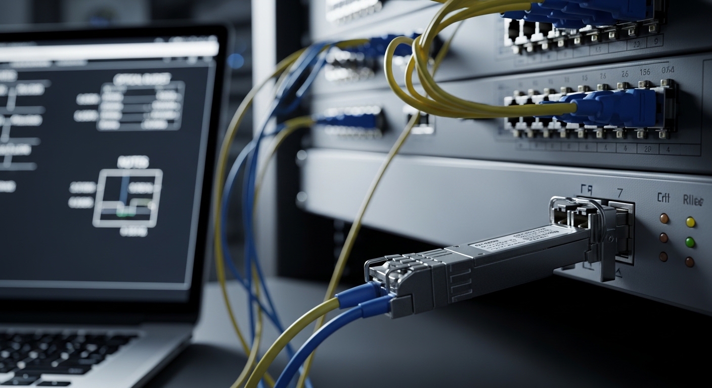 Photorealistic close-up of a 19-inch telecom rack in a data center, showing a transceiver module partially inserted into an S
