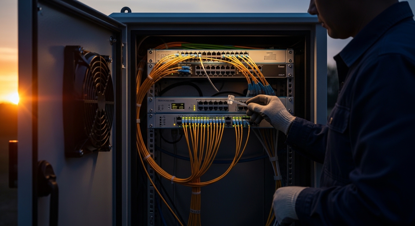 Photorealistic scene of a rugged edge computing cabinet outdoors at dusk, showing an open rack with an Ethernet switch, visib