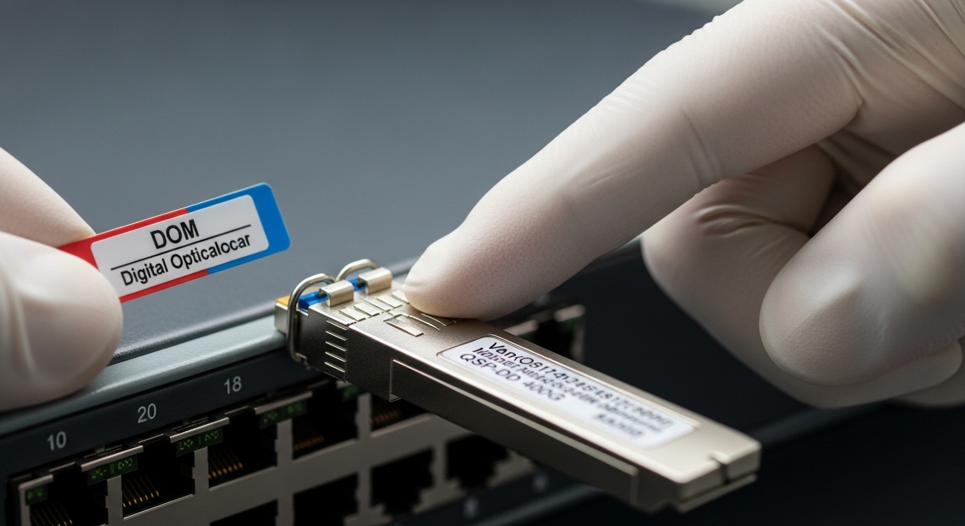 Close-up macro photography of a QSFP-DD 400G optical transceiver seated in a switch port, with the technician’s gloved hands 
