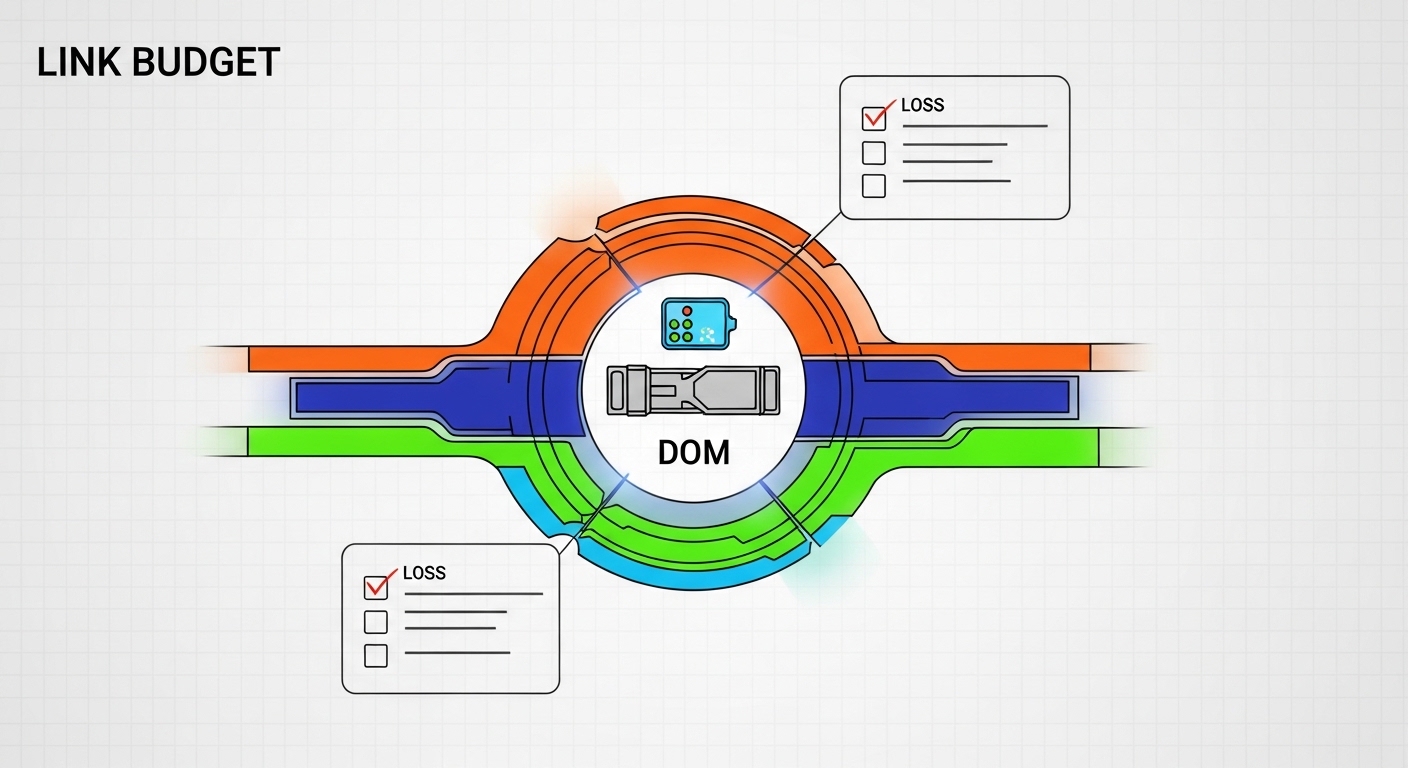 Illustration style concept art showing a fiber-optic link budget diagram with colored loss bands, a central transceiver symbo