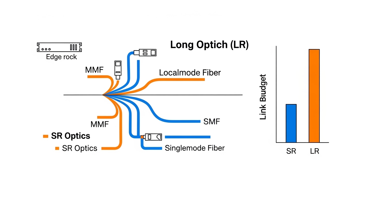 Clean infographic illustration comparing SR and LR optics on a fiber map, with a small edge rack icon, colored fiber segments