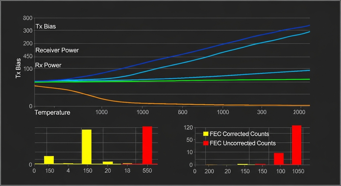 Clean vector-style illustration showing a dashboard with DOM telemetry graphs (Tx bias, Rx power, temperature, FEC corrected/