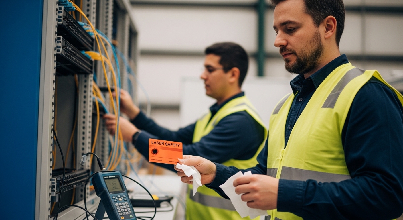 Lifestyle scene photography of engineers in high-visibility vests working beside a fiber rack, holding a laser safety card an
