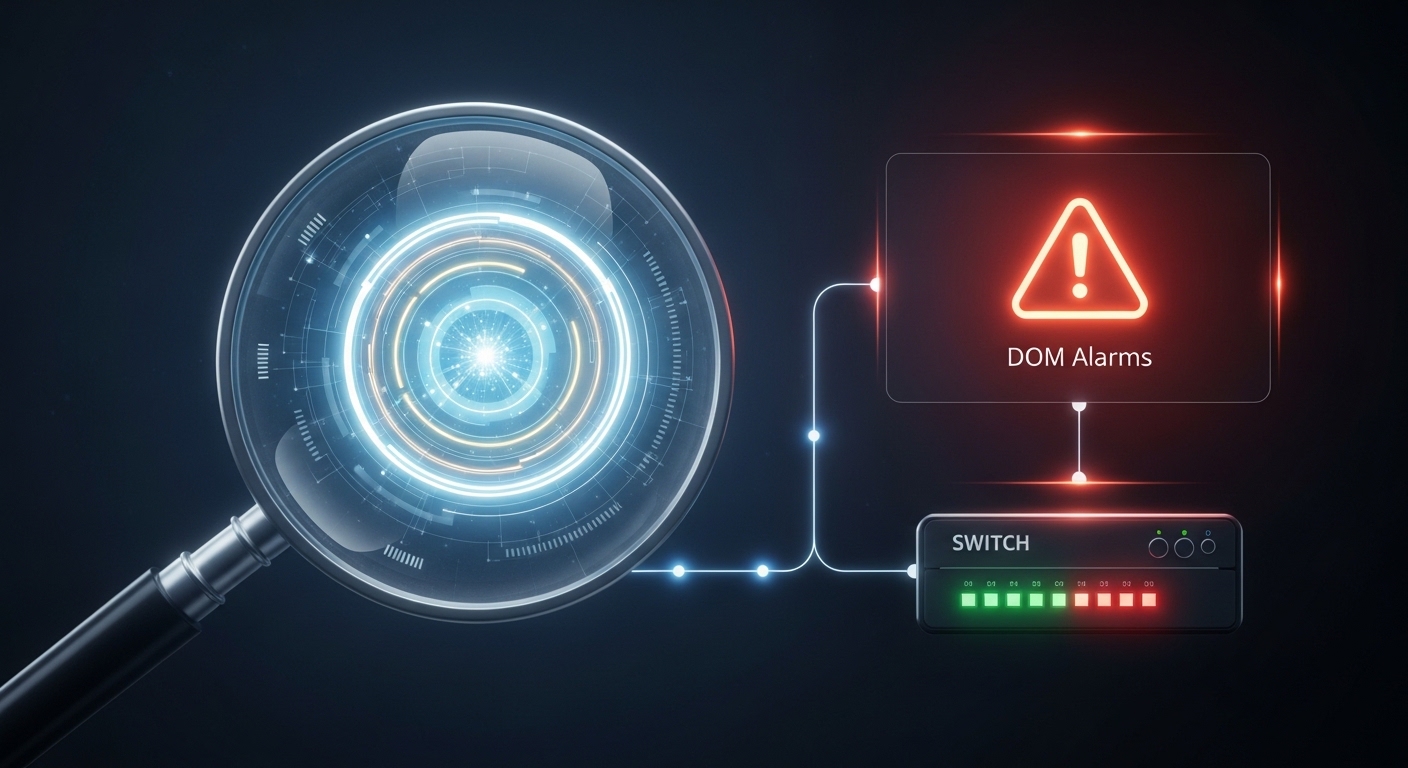 Concept art style illustration of a troubleshooting workflow, showing a magnifying glass over a fiber end-face, a warning ico