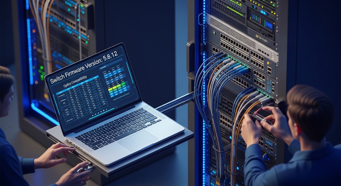 Concept art scene of a network rack under maintenance, with a laptop showing switch firmware version and an optics compatibil