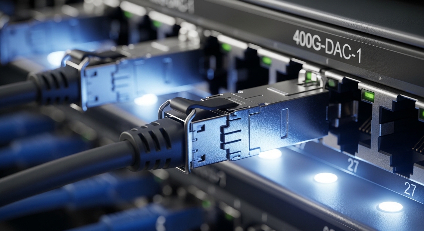 Close-up photography of a 400G QSFP-DD DAC cable plugged into a switch port, macro lens, shallow depth of field, cool LED lig