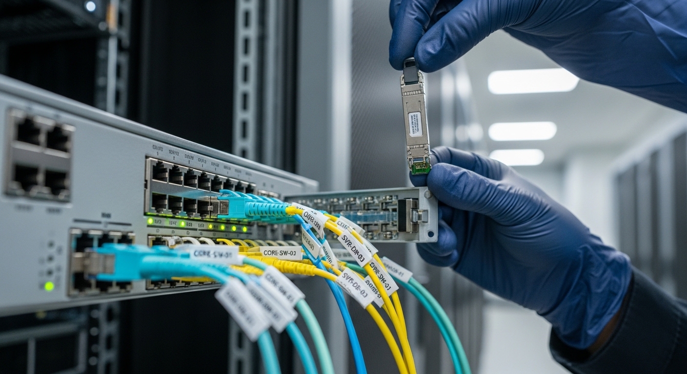 Ultra-realistic photography inside a data center row, a technician in ESD gloves holding an SFP module near the open switch c