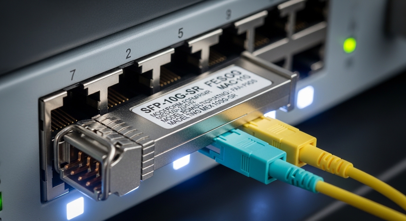 Close-up photography of a 10G SFP transceiver module plugged into a rack-mount Ethernet switch port, showing the module label