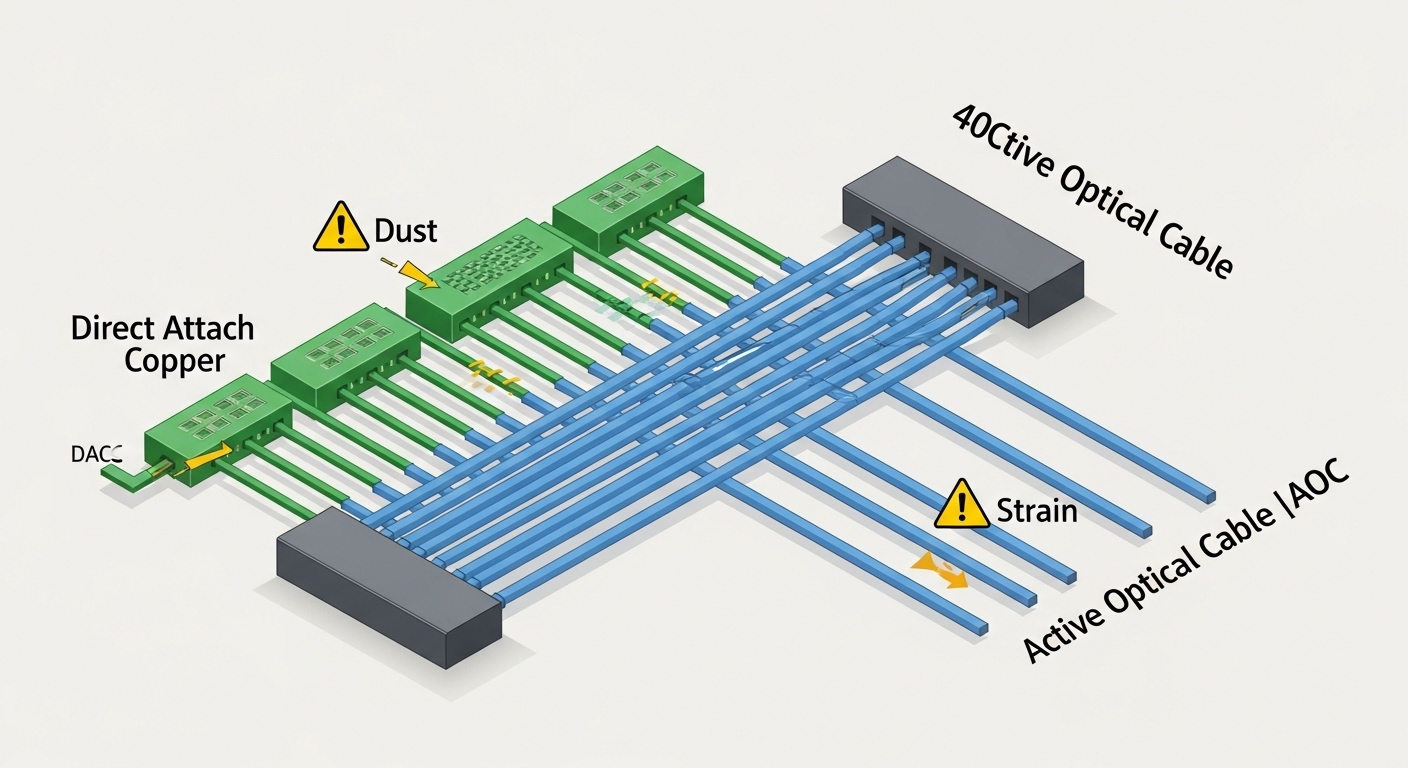 Illustration concept art of a 400G leaf-spine rack diagram showing DAC links in short green segments and AOC links in longer 