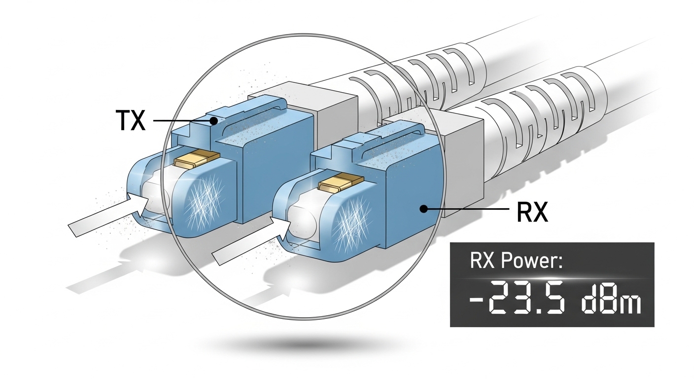 Clean-room style illustration of an LC duplex connector under a magnifying scope, showing dust particles and scratch lines, w