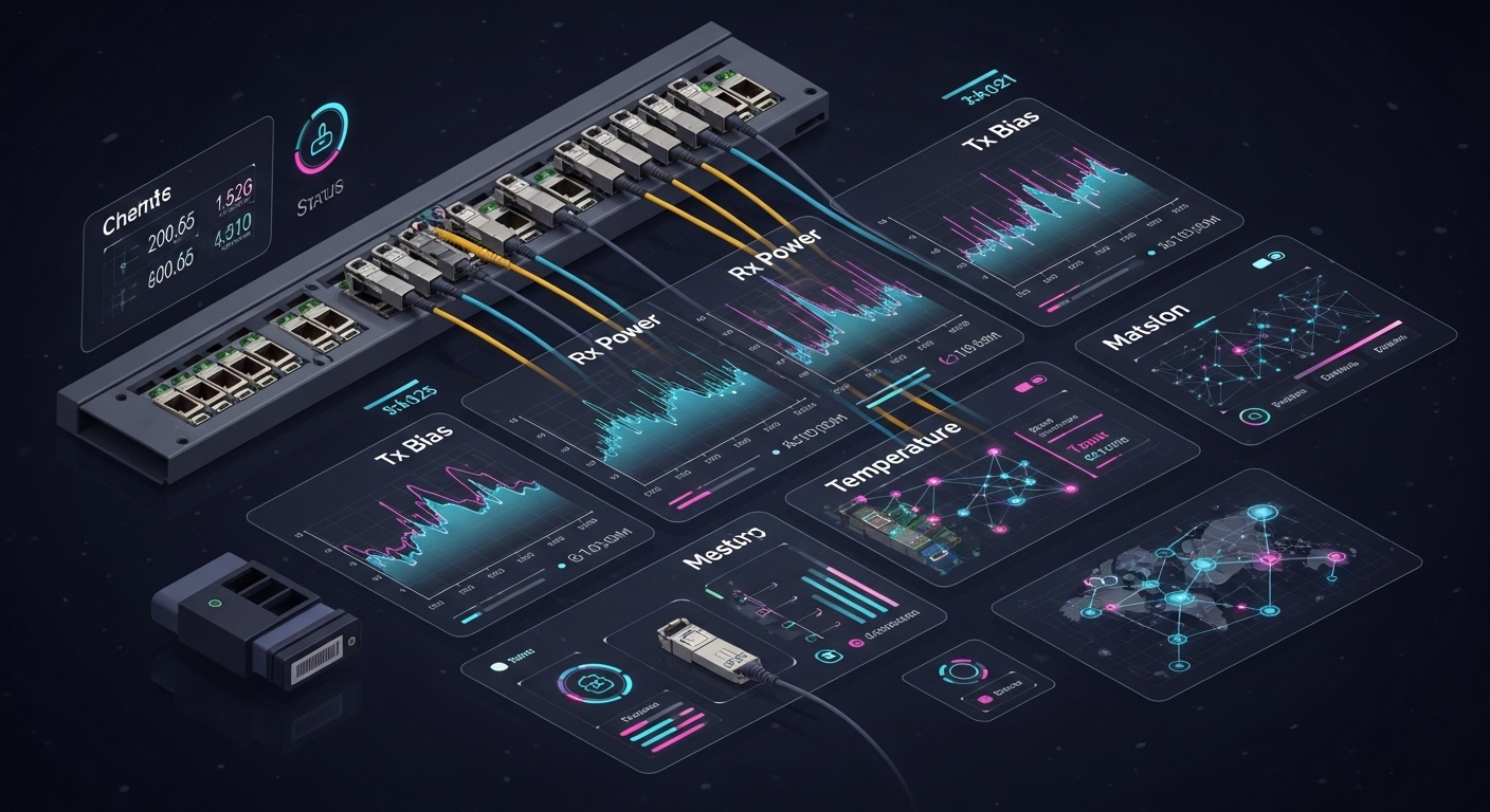 Concept illustration showing a network monitoring dashboard overlaying a fiber patch panel and SFP modules, with animated gra
