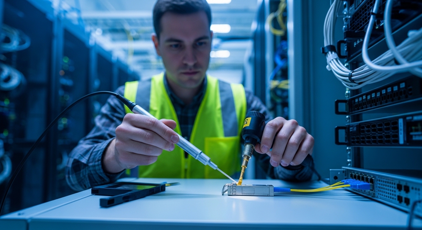 Lifestyle scene photography of a network technician in a data center using a fiber optic cleaning kit and inspection scope at