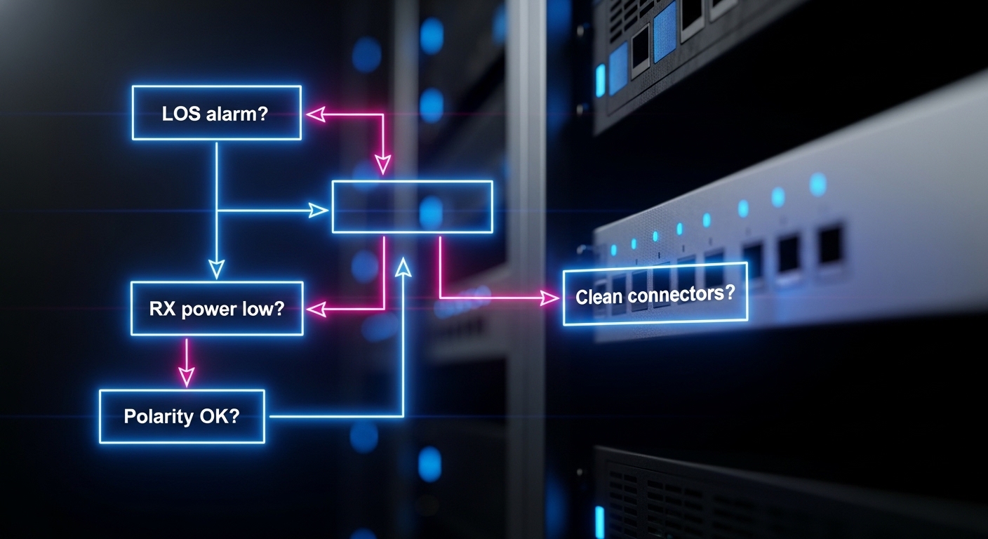 Concept art style diagram of a troubleshooting flowchart overlay on a network rack, showing branching nodes labeled “LOS alar