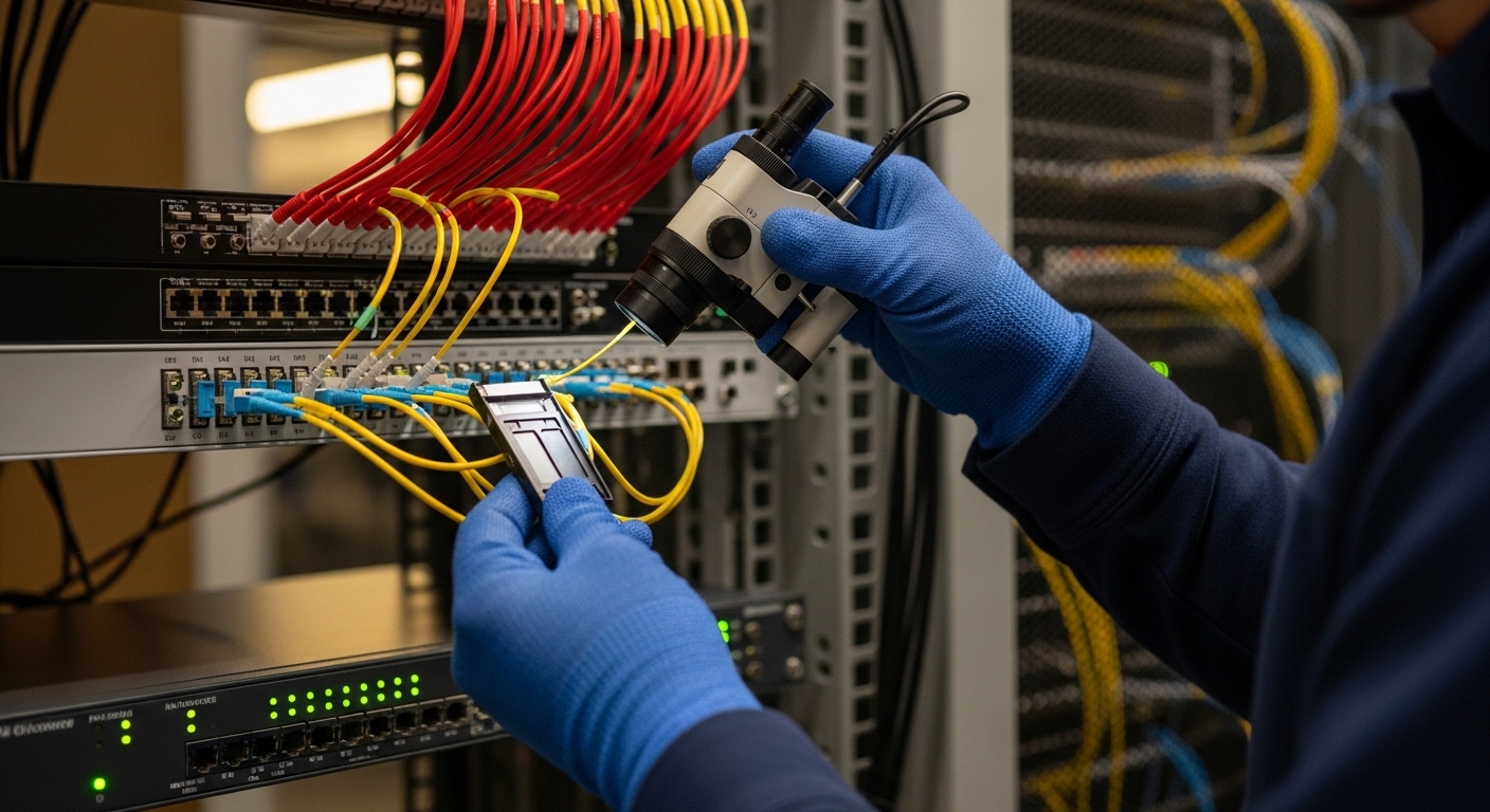 Real-world lifestyle scene in a data center aisle: a field technician wearing ESD-safe gloves using a handheld fiber inspecti