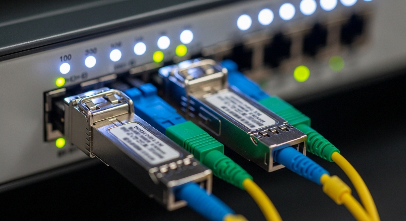Macro photography of two installed SFP transceiver modules with fiber cables plugged into a rack-mounted network switch, shal