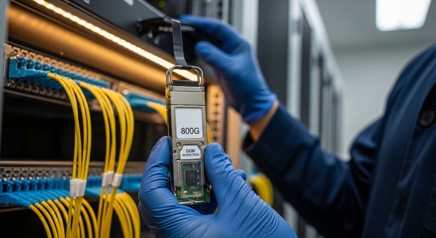 A high-resolution photography scene inside a modern data center aisle, a technician in ESD-safe gloves holds an 800G optical 