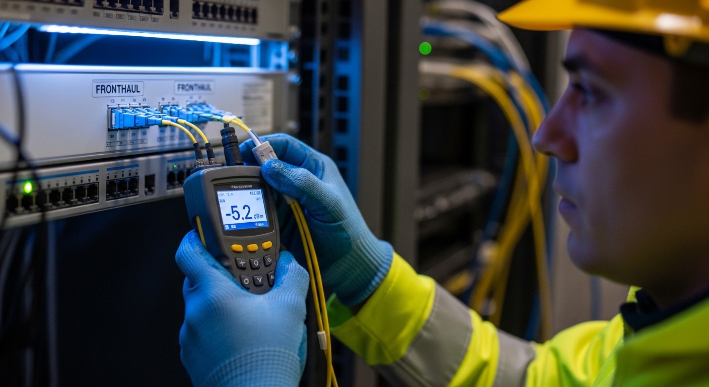 Close-up photography of an Open RAN fiber patch panel in a telecom rack, showing two LC connectors labeled for fronthaul, a t