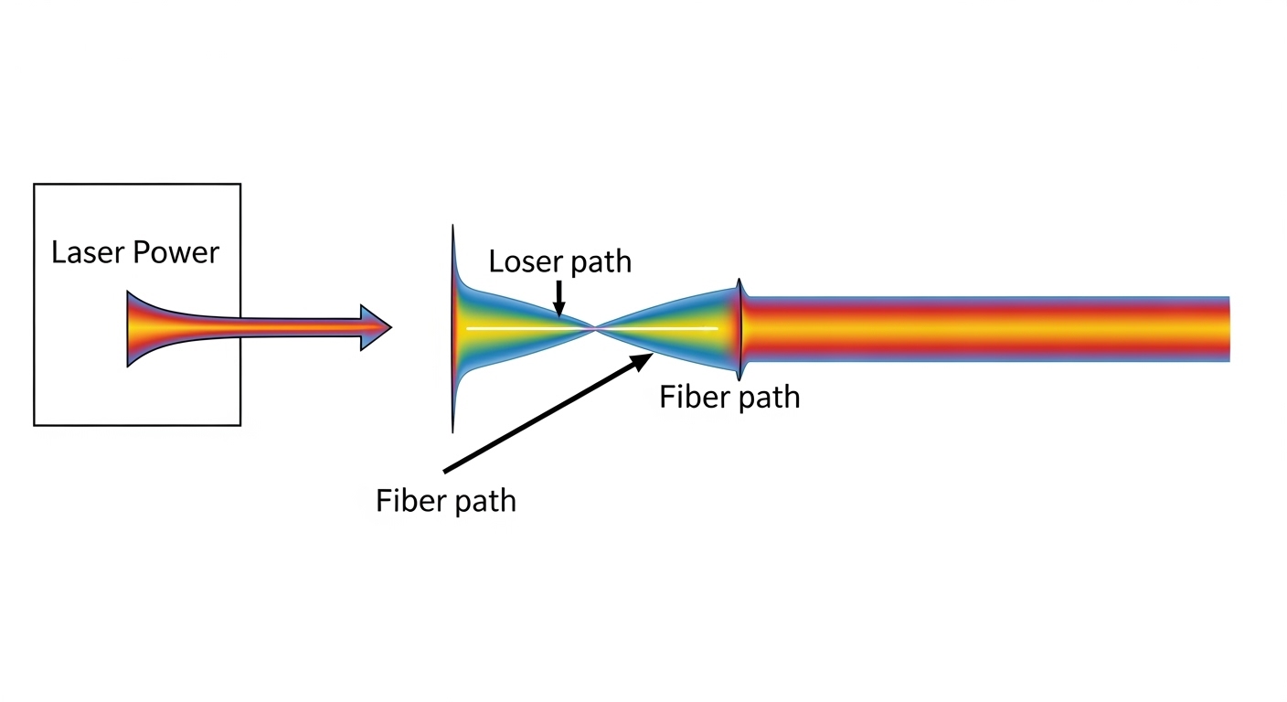 Clean-room style illustration showing an optical link budget diagram with arrows for laser power, fiber attenuation, connecto