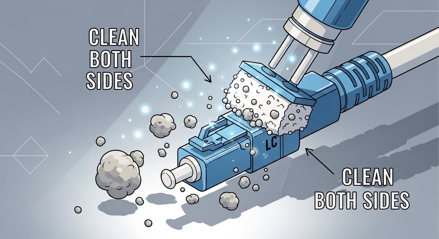 Illustration concept art of a dusty optical connector and a cleaning process, with exaggerated dust particles floating near a