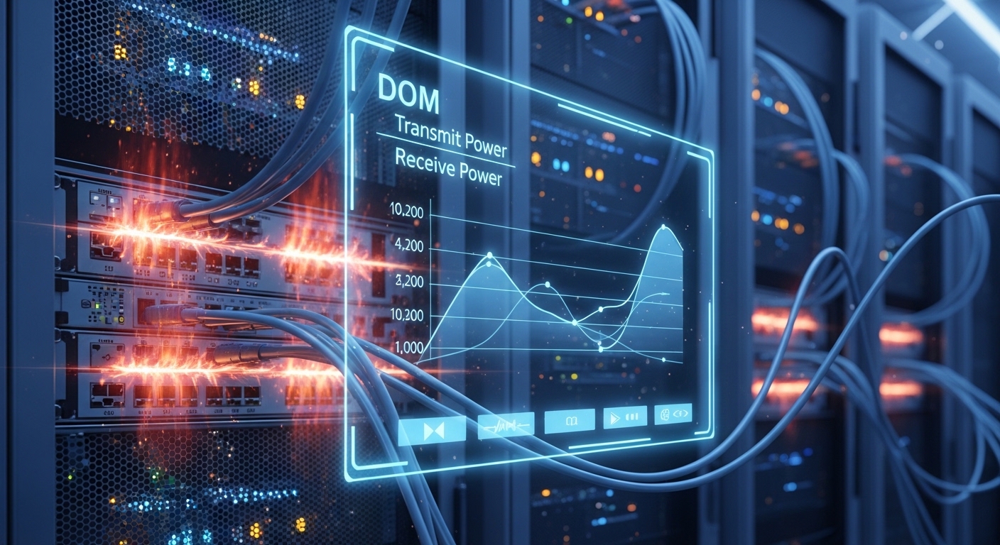 Concept art scene of a data center rack with heat shimmer effects around network switches, overlayed with a simple DOM dashbo