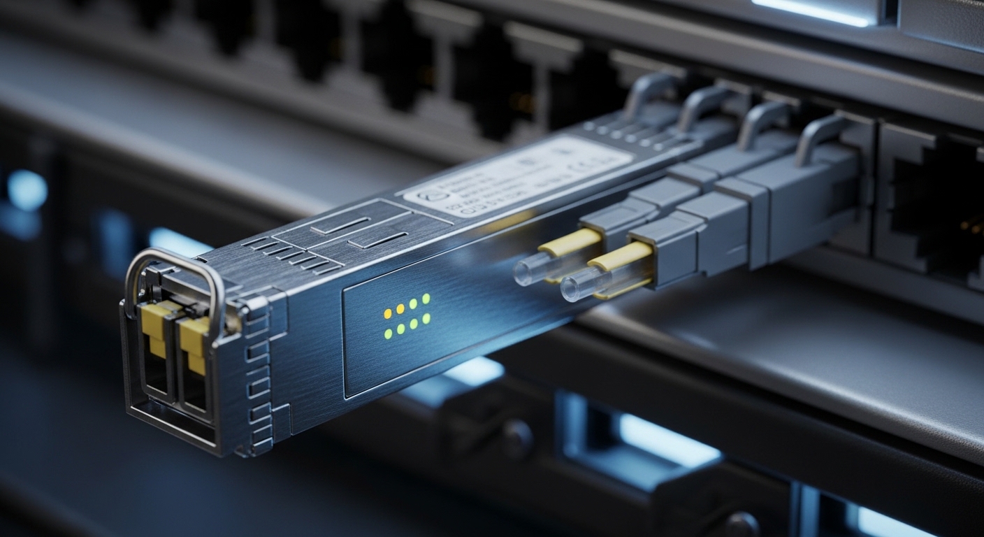 A photorealistic close-up of a QSFP28 100G SR4 transceiver inserted into a high-density AI rack switch port, showing the LC c