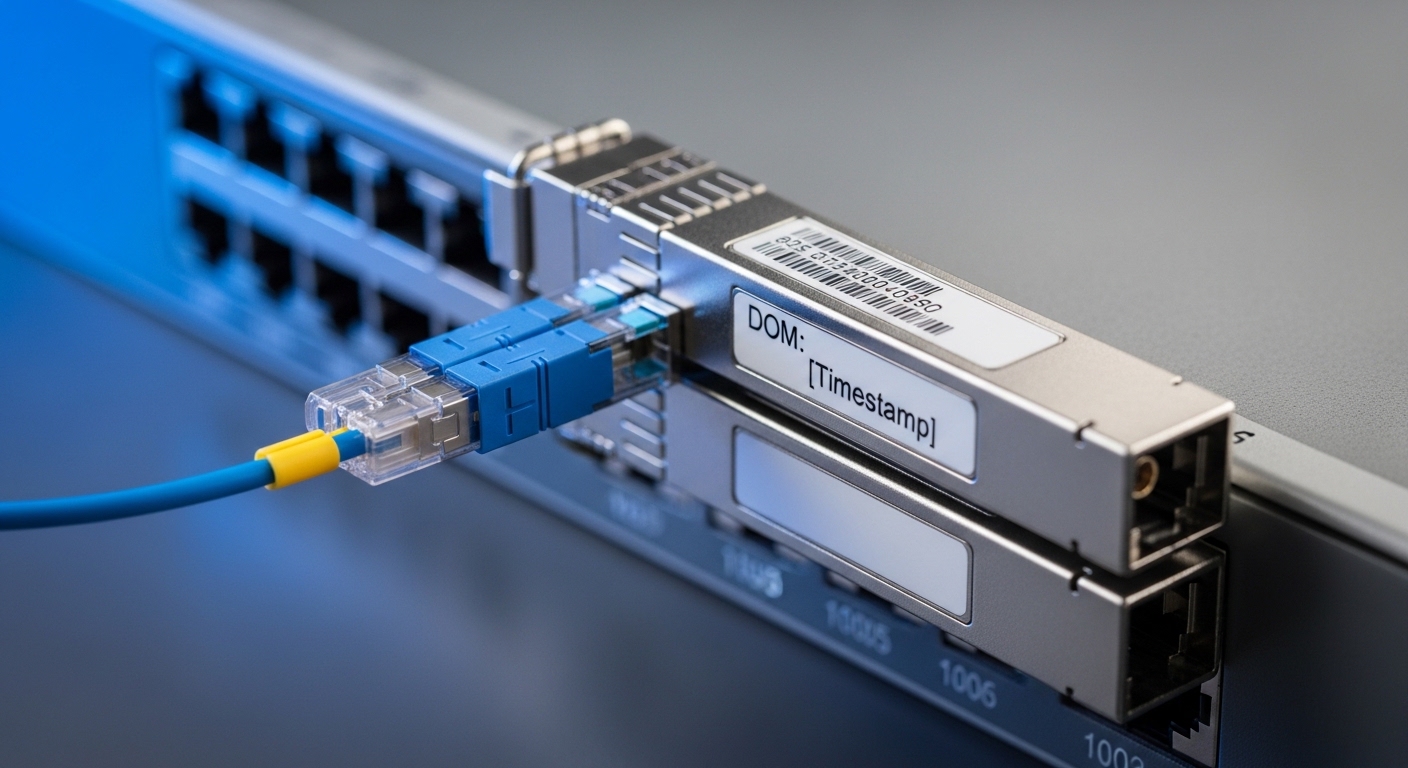 A photorealistic close-up of two QSFP56 transceivers mounted on a 100G switch faceplate, showing DOM text on the module label