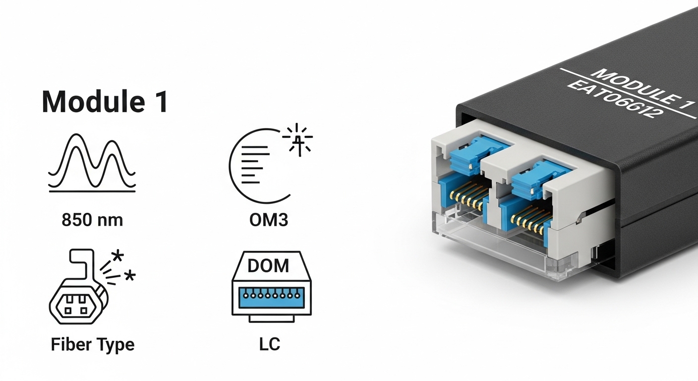 Clean vector-style illustration comparing four SFP modules on a dark background with labeled icons for wavelength (850 nm, 13