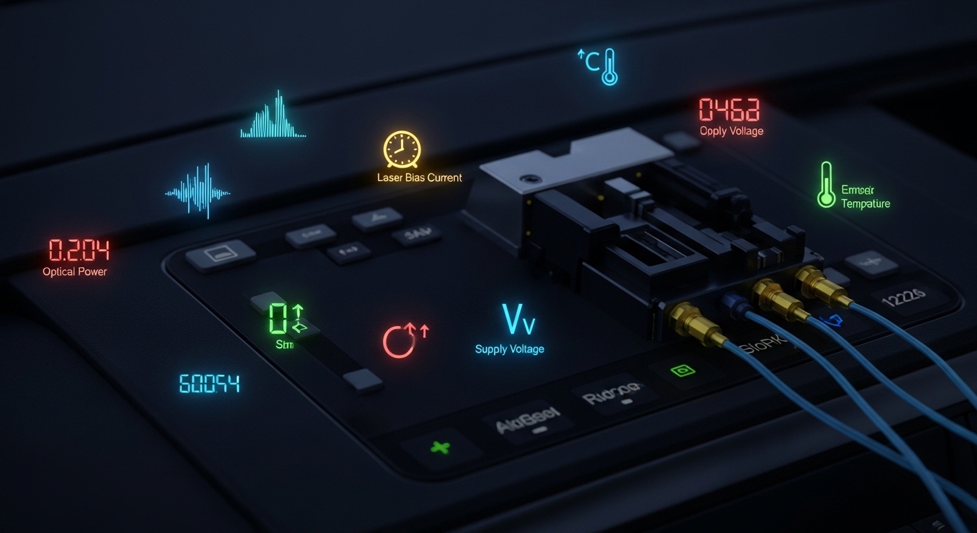 Conceptual illustration of an “optical budget” dashboard overlaying a fiber link diagram, with colored power margin bars, tem