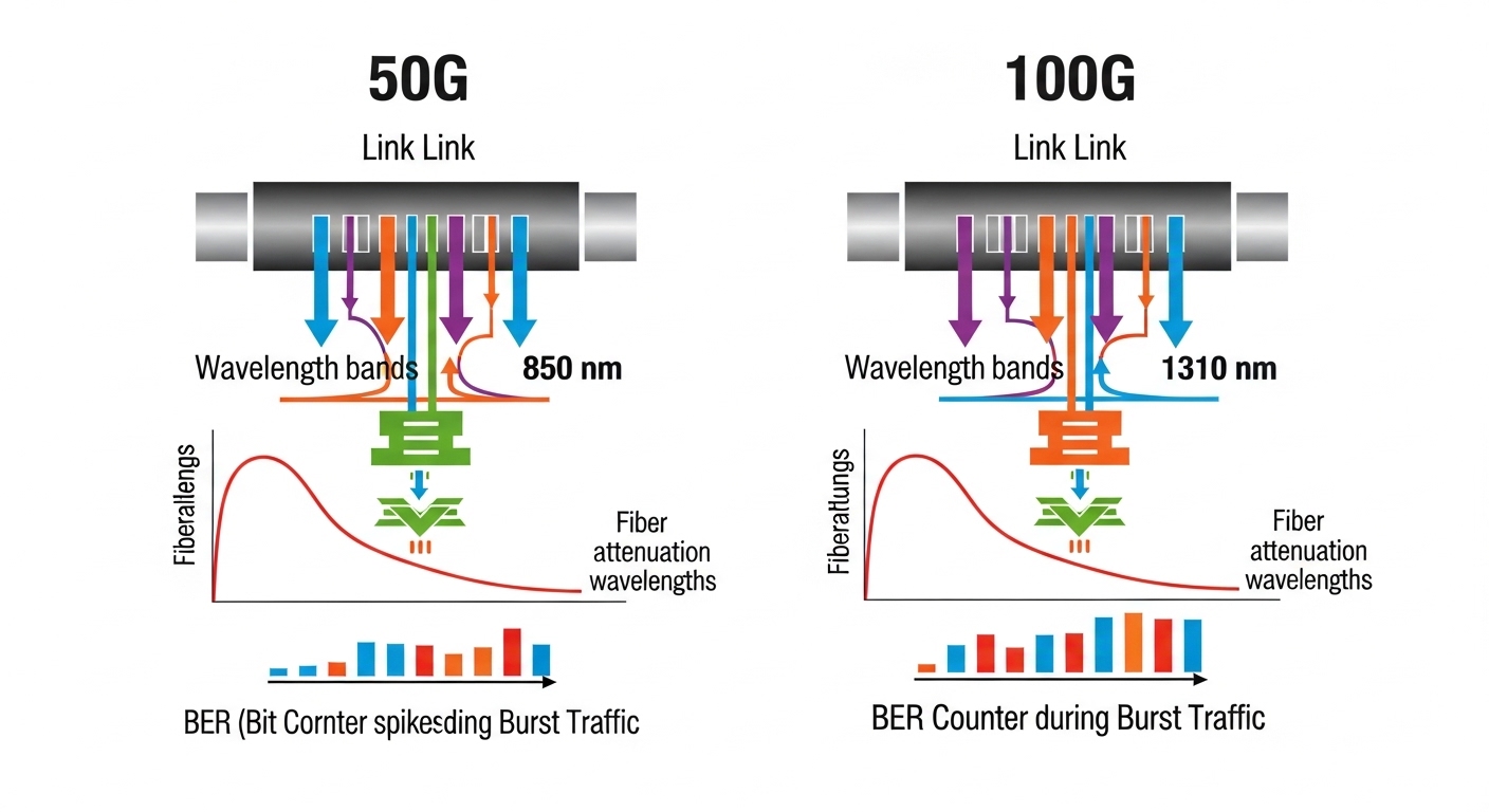 An infographic illustration comparing two side-by-side link diagrams labeled 50G and 100G, showing wavelength bands (850 nm a