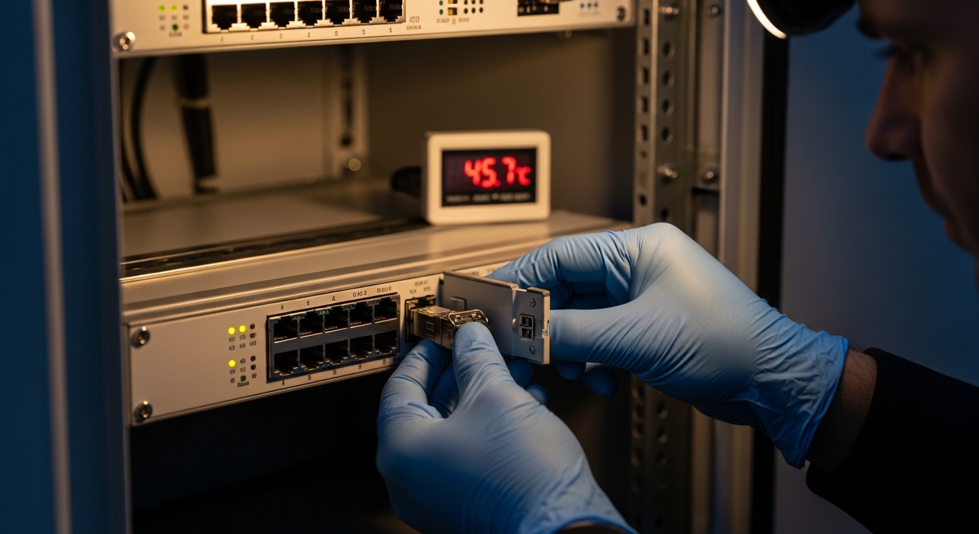 Realistic lifestyle scene inside a small outdoor telecom cabinet at dusk, showing a technician’s gloved hands installing an S