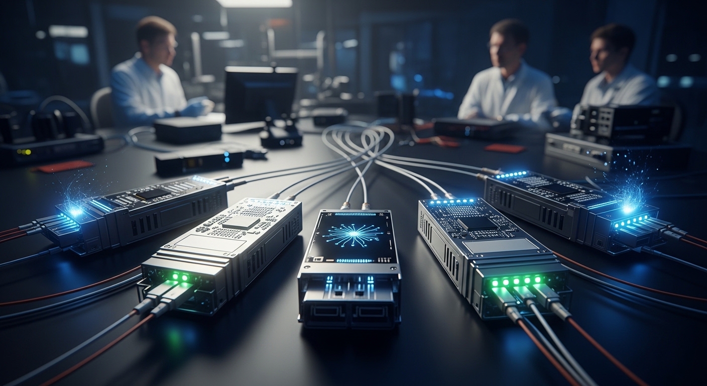 Cinematic editorial photograph of transceiver innovations, Transceiver Innovations for Future Computing: Adapting to AI Needs